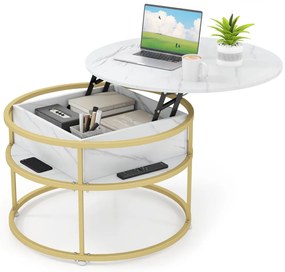 Mesa de Centro Elevável  Redonda de 80 cm com Compartimento Oculto e Estantes Laterais Branco e dourado