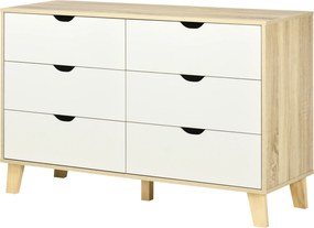 Cómoda de 6 gavetas em estilo escandinavo 120L x 40P x 76A cm, móvel de arrumação cor carvalho e bege