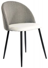Conjunto 4 Cadeiras de Cozinha e Sala de Jantar ETNA, metal preto, tecido houndstooth e pele sintética branca