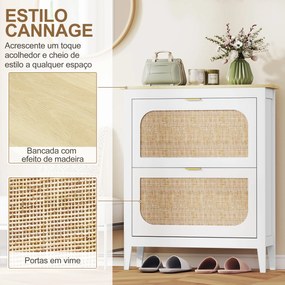 Sapateira Estreita com 2 Portas em Vime e Prateleiras Ajustáveis para 14 Pares de Sapatos 105x24x95,5 cm Branco