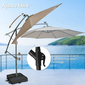 Guarda-sol de 3 m com pega 32 luzes LED solares com base de saco de areia jardim piscina castanho