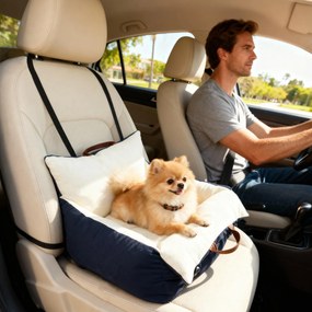Assento de carro para cães  49x53x36 cm com cinto de segurança e sistema de fixação ao banco do carro, almofadado, azul-marinho