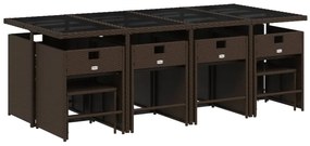 13 pcs conjunto jantar p/ jardim c/ almofadões vime PE castanho