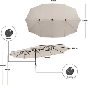 Conjunto de guarda-sol dupla face de 470 cm com 48 luzes LED solares e base recheável de 80 kg, com sistema de manivela, para jardim e piscina Bege