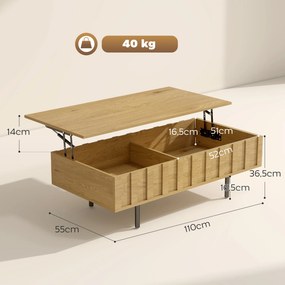 Mesa de Centro Elevatória com 2 Compartimentos Ocultos e Pés Metálicos 110x55x36,5 cm cor Carvalho