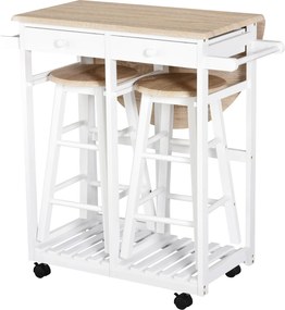 Conjunto de Mesa de Bar Dobrável com 2 Bancos, 83 x 74 x 83 cm, Com Rodas, Branco e Carvalho Claro