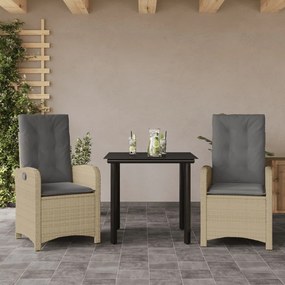 3 pcs conj. jantar jardim c/ almofadões vime PE bege misturado