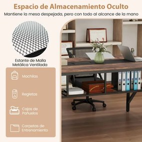 Mesa retangular para reuniões 180 x 96 x 76 cm (CADEIRAS NÃO INCLUIDAS) com prateleira de malha e passagem de cabos para 6-8 pessoas Preto + Castanho