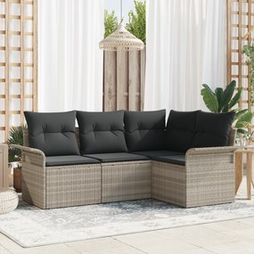 Conjunto de sofá de jardim de 4 peças com almofadas cinza-claro rattan