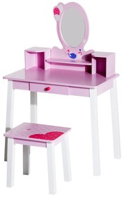 Toucador Infantil com Banco e Espelho tipo Princesa Mesa-de-Maquilhagem-de-Madeira -Cor-de-Rosa- 59 x 39 x 92 cm