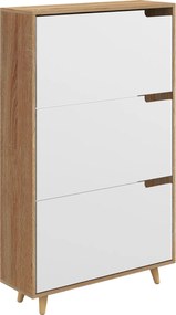 Spateira, Armário para sapatos com 3 portas basculantes e prateleira ajustável, 72 x 24 x 119 cm, em tom natural e branco