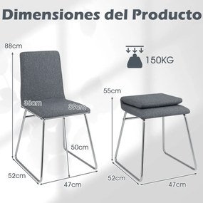 Conjunto 2 Cadeiras de Jantar Modernas Estofadas com Encosto Dobrável e Estrutura Metálica 52 x 47 x 88 cm Cinza