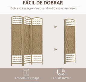 Biombo Separador de Ambientes com 3 Painéis Dobrável em Corda de Papel 120x170 cm Decoração para Quarto Madeira