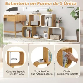 Estante de bambu de 2 níveis em forma de S com 2 cubos abertos geométrica para escritório em casa Natural