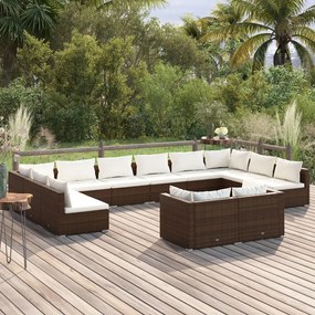 12 pcs conjunto lounge jardim c/ almofadões vime PE castanho