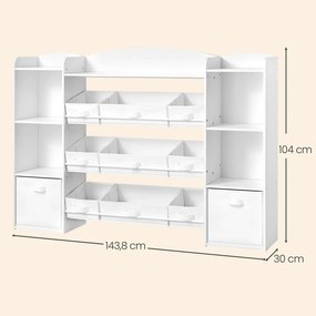Estante infantil 30 x 143,8 x 104 cm com 4 compartimentos abertos, estante infantil, 9 caixas centrais e 2 caixas laterais Branca
