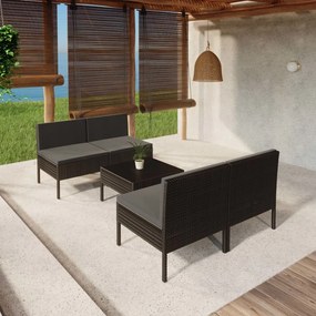 vidaXL 5 pcs conjunto lounge de jardim c/ almofadões vime PE preto