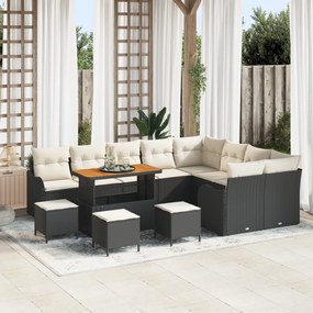 Conjunto de Sofá de Jardim de 13 Peças com Almofadas Preto Vime Poliés