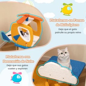 Arranhador para gatos com tema de aviação com poleiro de helicóptero Plataforma Escada 3 brinquedos Amarelo