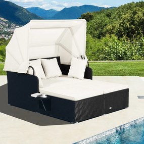Cama Jardim dupla com almofadas em rattan com Dois painéis laterais rebatíveis para jardim Pátio Alpendre Branco e Preta