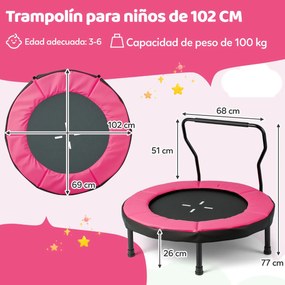 Trampolim infantil 102 cm ou de fitness para interior/exterior com barra em espuma e colchão de segurança para crianças Rosa