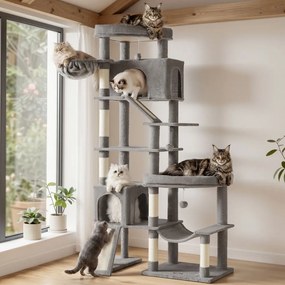 Grande arranhador para gatos 105 x 45 x 202 cm com seis áreas de descanso e troncos de sisal em Cinzento