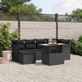 7 pcs conjunto de sofás p/ jardim c/ almofadões vime PE preto
