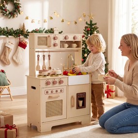 Cozinha de brincar em madeira 60 x 30 x 91 cm para crianças com luzes, sons, fogão, máquina de gelo, cafeteira, lava-loiça e portas em rattan – a part