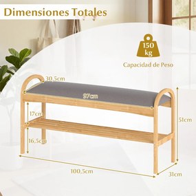Banco sapateira 100,5 x 31 x 51 cm com almofada de bambu e estante de arrumação para entrada, corredor ou quarto cinzento