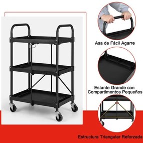 Carrinho de cozinha dobrável de 3 níveis com rodas e pega Oficina Garagem 61 x 44 x 96 cm Preto