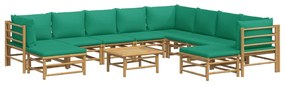 11 pcs conjunto lounge de jardim bambu c/ almofadões verdes