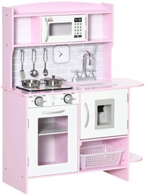 HOMCOM Cozinha Infantil para Crianças acima de 3 Anos Cozinha Infantil com Luzes Sons Lavatório Fogão Dispensador de Água e Forno 70x29x90cm Rosa