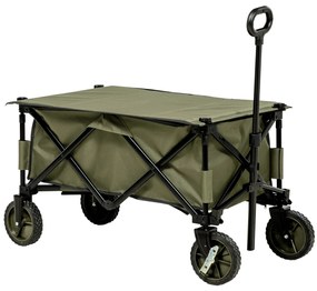 Outsunny Carrinho Dobrável de com Rodas Carrinho para Praia com Guiador Telescópico Bancada Dobrável 5 Bolsas de Armazenamento Estrutura de Aço e Tecido de Oxford 108x55x93cm Verde Escuro