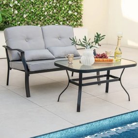 Conjunto de jardim de exterior 4 peças com 2 cadeiras individuais Cadeira de 2 lugares Mesa em vidro temperado Cinzento