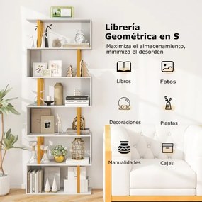 Estante geométrica em forma de S de 6 níveis 70 x 24 x 189 cm com estrutura metálica moderna Branco + Dourado