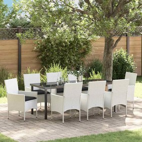 vidaXL Conjunto de Jantar de Jardim com 9 peças e almofadas brancas de rattan sintético