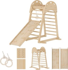 Triângulo de Escalada Montessori 6 em 1 Estrutura de Madeira com Plataforma Anéis e Escorrega para Escalar ou Deslizar Madeira
