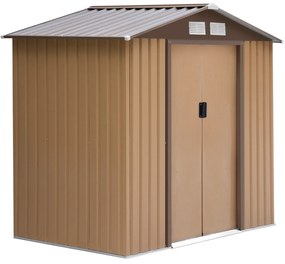 Outsunny Abrigo de Jardim 213x130x185cm Abrigo de Jardim Metálico de Exterior com 2 Portas Deslizantes e 4 Janelas Marrom Claro