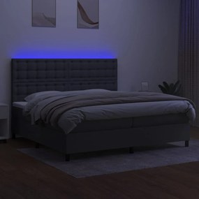 Cama box spring c/ colchão e LED 200x200 cm tecido cinza-escuro