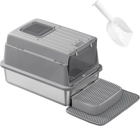 Caixa de areia para gatos em aço inoxidável 60 x 40 x 38 cm, com tampa e pá Cinzento