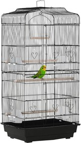 PawHut Gaiola para Passáros Gaiola de Metal com Portas 4 Comedouros 3 Poleiros Baloiço Bandeja Removível  46,5x35,5x92cm Preto | Aosom Portugal