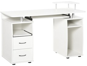 HOMCOM Mesa de Computador com Prateleiras 2 Gavetas Bandeja de Teclado e Suporte para Monitor e CPU 120x55x85 cm Branco