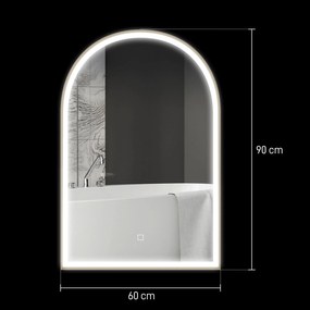 Espelho de casa de banho LED 90 x 60 cm, de parede, 3 cores, moldura arqueada em alumínio, antiembaciamento e interruptor tátil