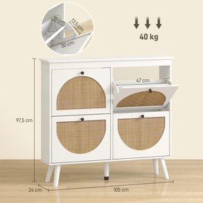 Sapateira com 4 portas, capacidade para 20 pares, prateleiras ajustáveis, estilo boémio, pés em madeira maciça, 105 x 24 x 97,5 cm, branco