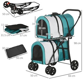 Carrinho Duplo para Cães Gatos Dobrável com 2 Transportadoras Portáteis Cinto de Segurança 66x50x98 cm Turquesa e Cinza