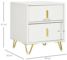 Mesa de Cabeceira com 2 Gavetas Mesa Auxiliar com Pés de Metal para Sala de Estar Dormitório 40x40x47 cm Branco e Dourado