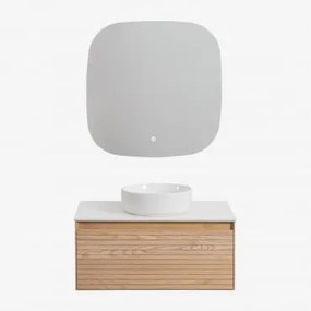 Conjunto De Móvel De Casa De Banho Suspenso Em Madeira De Freixo Tedrik Castanho Fresno & Cerâmica Redonda Branca Ø40 Cm Lenka & - Sklum