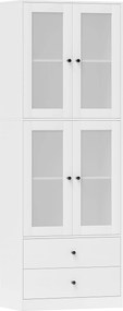 Armário de Cozinha Alto Móvel Auxiliar de Cozinha com 4 Portas de Vidro 2 Gavetas Prateleiras Ajustáveis 59x30x170 cm, Branco
