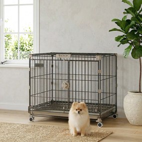 Gaiola dobrável para cães, tabuleiro removível, rodas com travões, teto abrível com fecho de segurança, 60,5 x 45,5 x 54,5 cm, preta