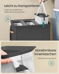 Cesto de roupa suja 64 x 40 x 75 cm com 190 litros e 3 compartimentos, preto